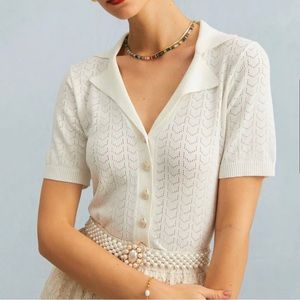 Rihoas The White Collared Pointelle Knit Top Size Small